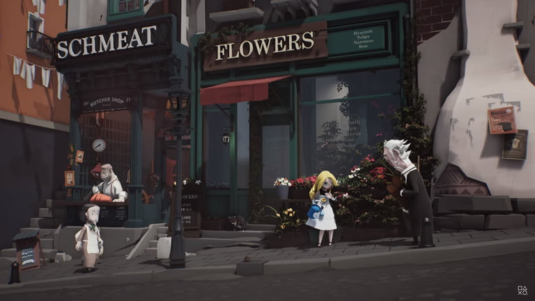 人物站在小惡魔裡面的花店外。