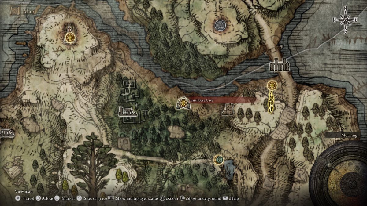 Elden Ring的地圖，顯示地洞的位置，在那裡你可以得到Spelldrake Talisman。