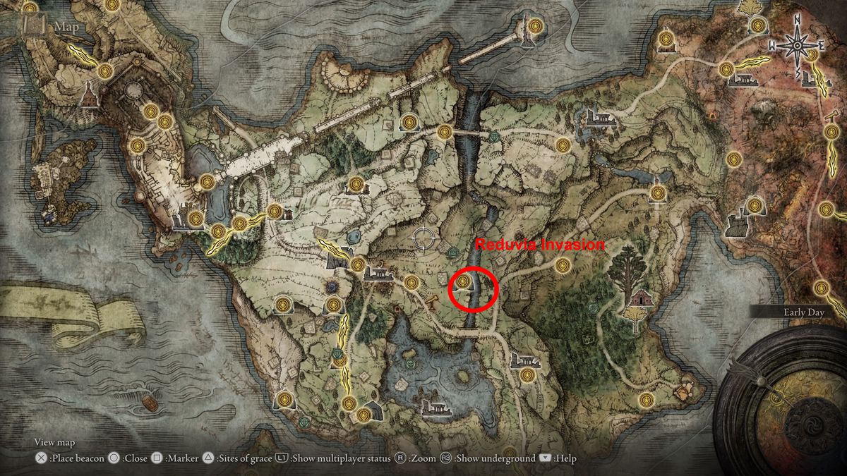 Elden Ring 的地圖，顯示了掉落 Reduvia 的 NPC 入侵者的位置