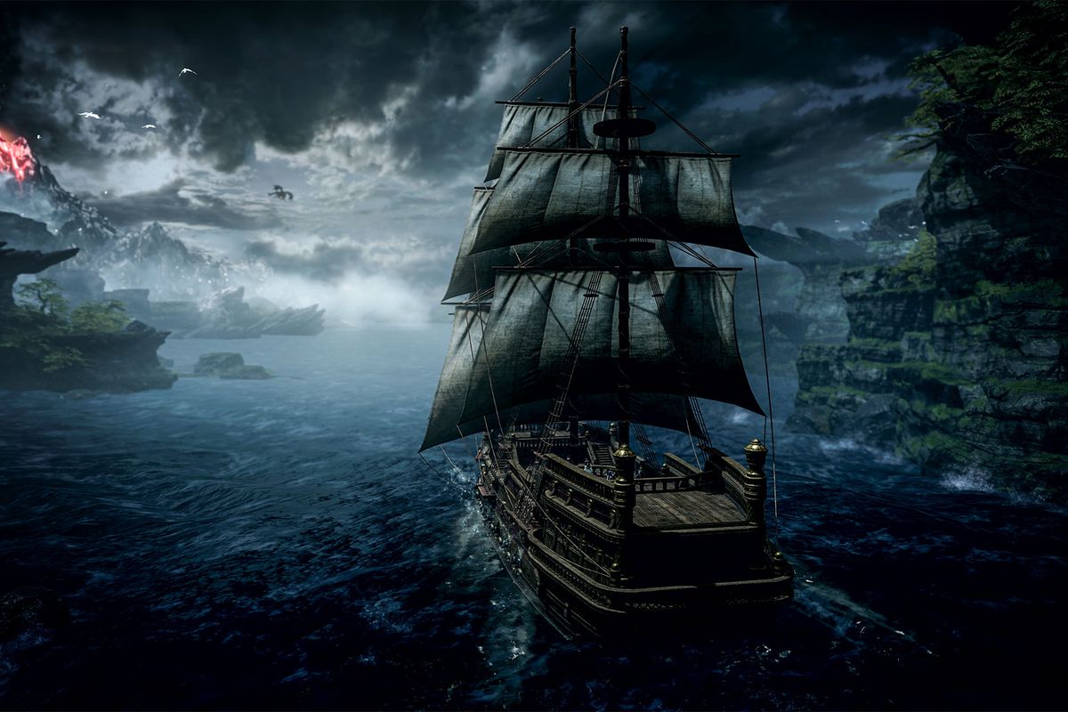 一艘船駛向失落方舟的黑暗水域