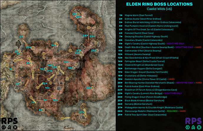 Elden Ring 中的 Caelid 地圖，每個Boss遭遇的位置都被標記和編號。