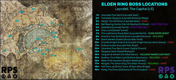 Elden Ring 的首都 Leyndell 的地圖，每個Boss遭遇的位置都被標記和編號。
