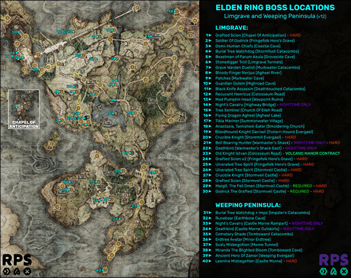 艾爾登環的Limgrave和Weeping Peninsula的地圖，每個Boss遭遇的位置都標有標記和編號。
