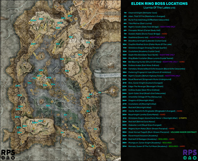 Elden Ring 中的 Liurnia 地圖，每個Boss遭遇的位置都被標記和編號。