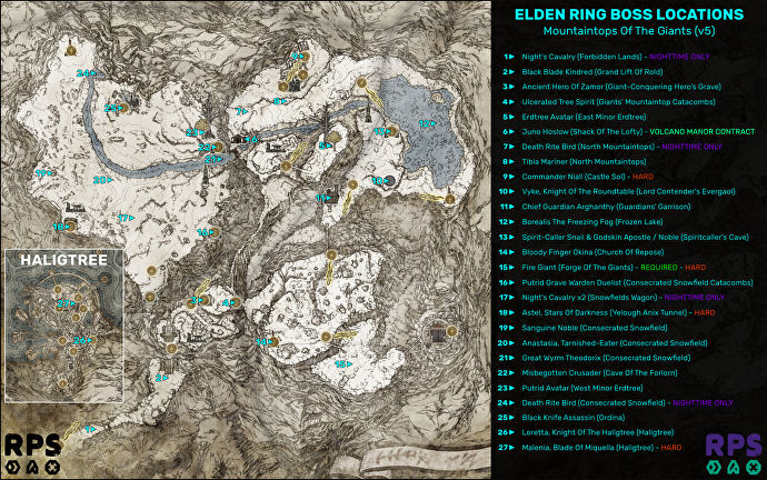 Elden Ring 中的Mountaintops Of The Giants地圖，每個Boss遭遇的位置都標有標記和編號。