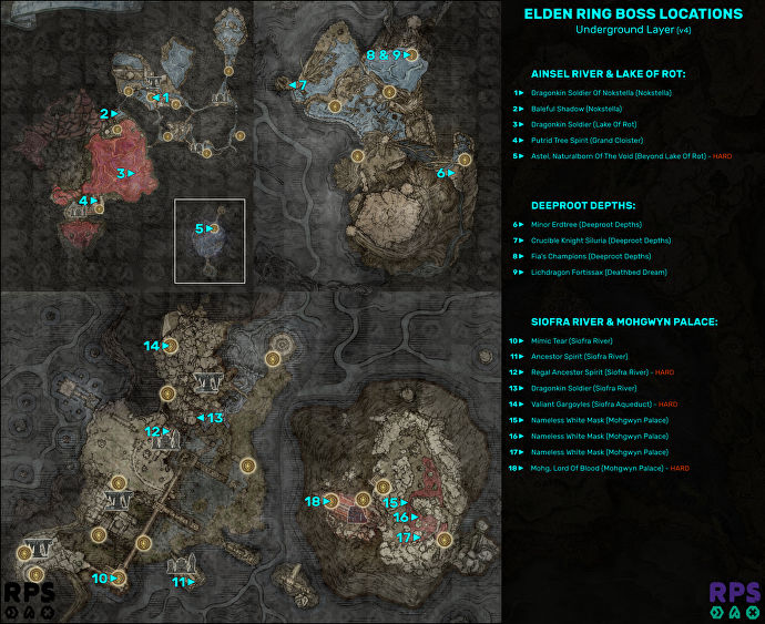 一張 Elden Ring Underground Layer區域的地圖，每個 Boss 遭遇的位置都被標記和編號。
