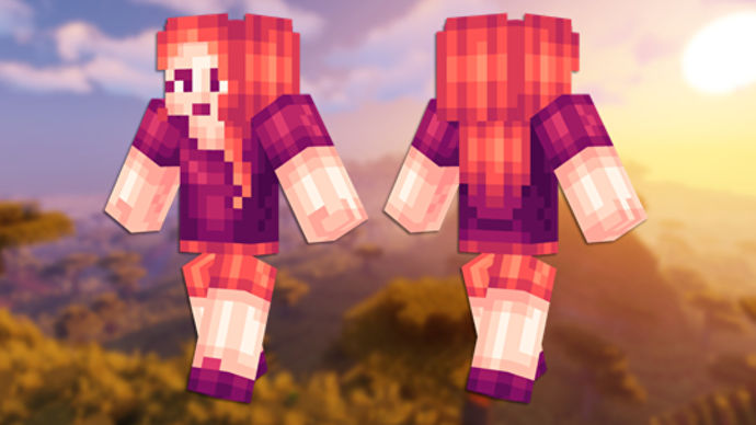 Plum Girl Minecraft 皮膚的正面和背面視圖。