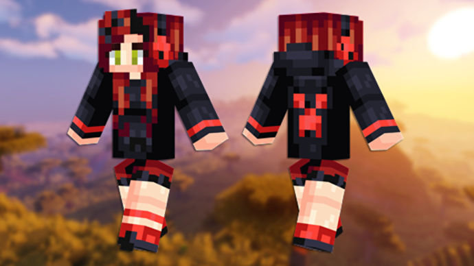 Red Creeper Girl Minecraft 皮膚的正面和背面視圖。
