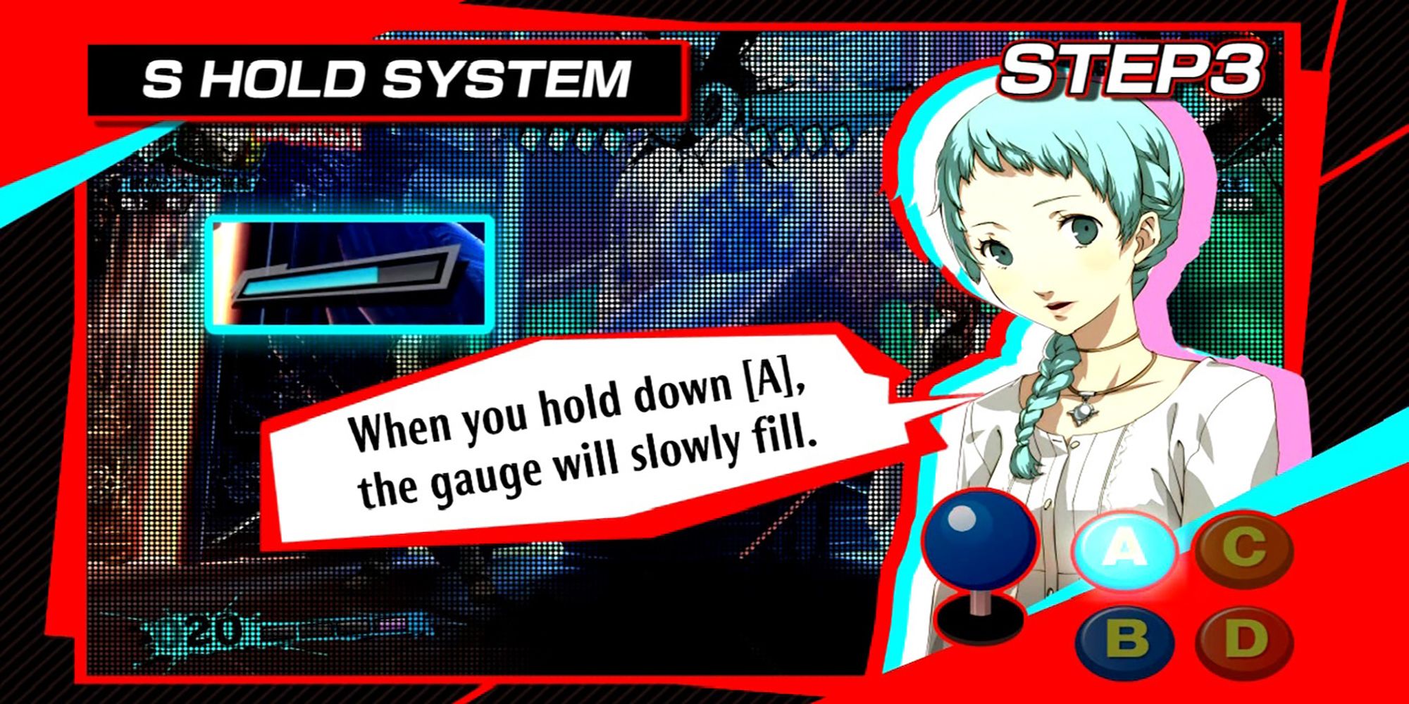 Fuuka Yamagishi 在 Persona 4 Arena Ultimax 的教程視頻中解釋瞭如何使用 S Hold System。